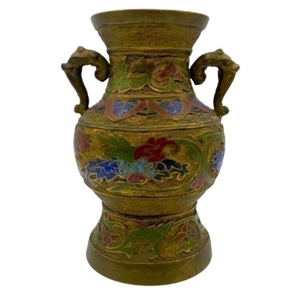 Vintage Japanese Cloisonné Floral Brass Vase With Elephant Handles